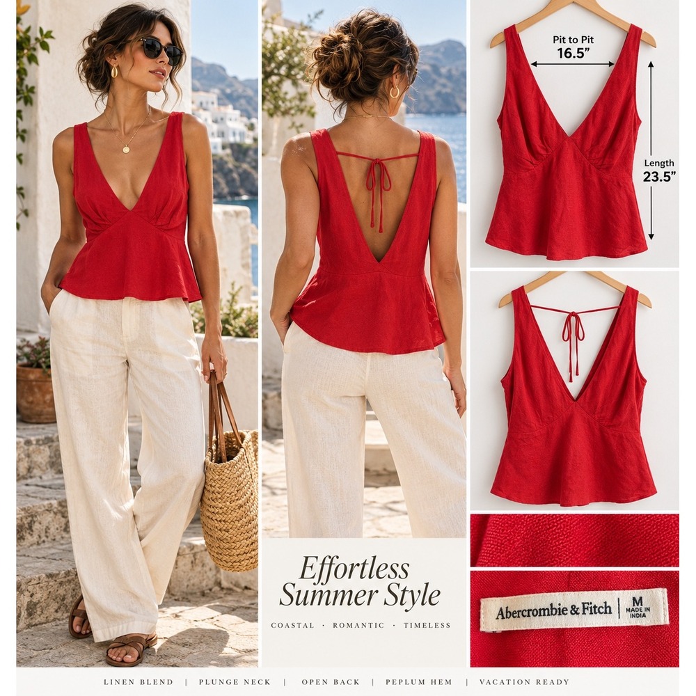 Abercrombie & Fitch Red Linen Blend Peplum Top M Plunge V Tie Back Coastal Y2K